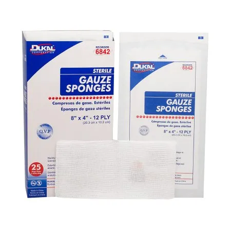 Dukal - 6842 - Gauze Sponge 4 X 8 Inch 2 per Pack Sterile 12 Ply Rectangle