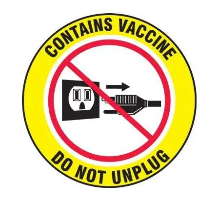 Accuform Signs - LBDX505VSP - Pre-printed Label Accuform Advisory Label Red / White / Yellow Vinyl Contains Vaccine Do Not Unplug Black Safety 4 Inch Diameter