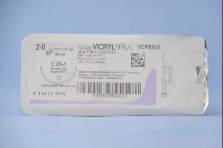 J & J Healthcare Systems - Coated Vicryl Plus - VCPB945H - Absorbable Antibacterial Suture With Needle Coated Vicryl Plus Polyglactin 910 With Irgacare Mp Antibacterial Suture Ctb-1 1/2 Circle Blunt Point Needle Size 4 - 0 Braided
