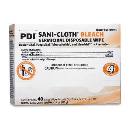 PDI - Professional Disposables - Sani-Cloth Bleach - H58195 - Professional Disposables Sani Cloth Bleach Sani Cloth Bleach Surface Disinfectant Cleaner Premoistened Germicidal Manual Pull Wipe 40 Count Individual Packet Chlorine Scent NonSterile