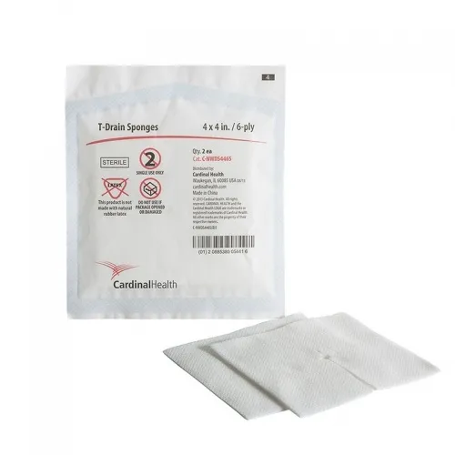 Cardinal Health - CNWDS446S - T Drain Sponges 6 ply, Sterile 25 2's, Not Made with Natural Rubber Latex REPLACES ZG4406S