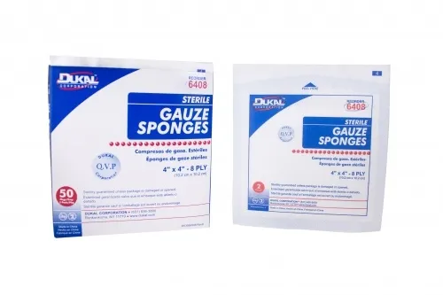 Dukal - 6408 - Gauze Sponge, 4" x 4", Sterile, 8-Ply, 2/pk, 50 pk/bx, 12 bx/cs