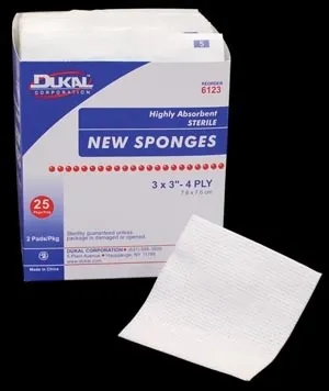 Dukal - 6123 - Sponge, 3" x 3", Non-Woven New Sponge, Sterile, 4-Ply, 2/pk, 25 pk/bx, 48 bx/cs