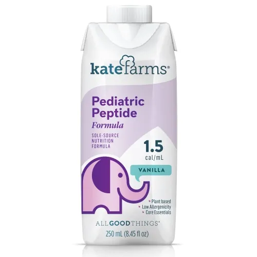Kate Farms - 851823006201 - KATE FARMS Pediatric Peptide 1.5 Vanilla, 8.45 fl. oz. (250 mL). USDA Organic, Plant Based, NON GMO Project Verified, Gluten Free Certified, Vegan, and Kosher. 375 calories per 8.45 fl. oz. carton.
