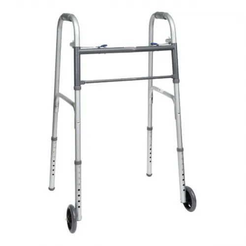 PMI - Professional Medical Imports - ProBasics - WKSAW2B - ProBasics Economy Two-Button Steel Walker with Wheels, Adult, 350 pound capacity, 1-inch steel frame construction, adjustable height, folds flat. 5'2" - 6'4" height range.