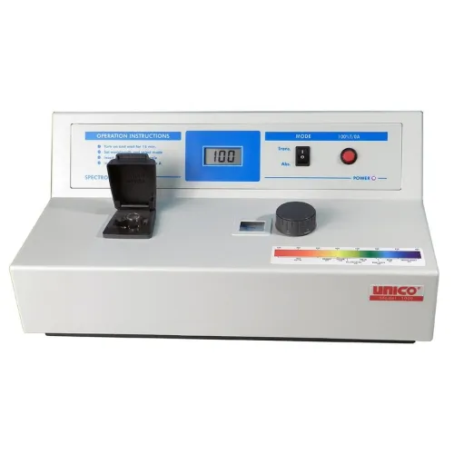 Unico - S-1100E - Spectrophotometer, 20 nm Bandpass, Wavelength Range 335-1000 nm, Voltage Preset at 220V, European Plug, 10 mm Test Tube Cuvettes (Box of 12), 10 mm Square Cuvette Adapter, USB Port, Dust Cover, User Manual (DROP SHIP ONLY)